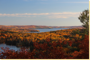 Late afternoon view south from viewpoint on Spectacle Ridge trail. Bell Bay (Bark Lake) in distance. 2016-10-19