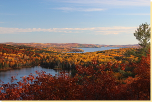Late afternoon view south over Spectacle Lake & Bell Bay (Bark Lake) from viewpoint on Spectacle Ridge trail. 2016-10-19