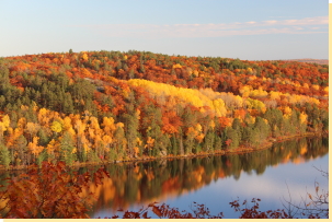Late afternoon closeup view of East Bluff across Spectacle Lake from viewpoint on Spectacle Ridge trail 2016-10-19